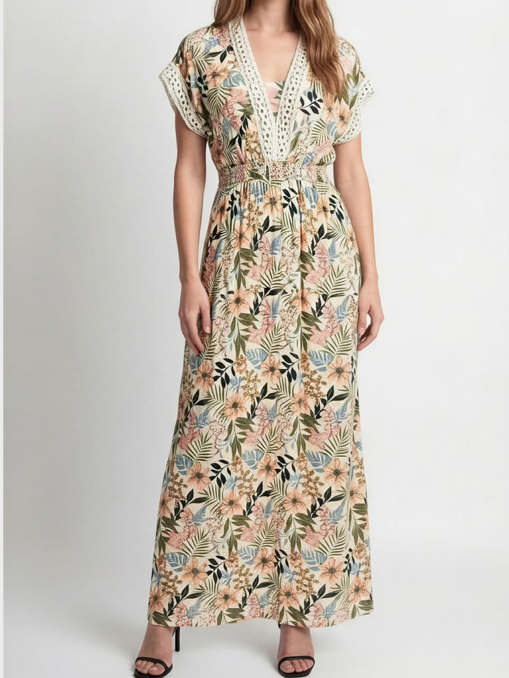 Chenault Floral Crochet Trim Boho Maxi Dress Rayon Medium